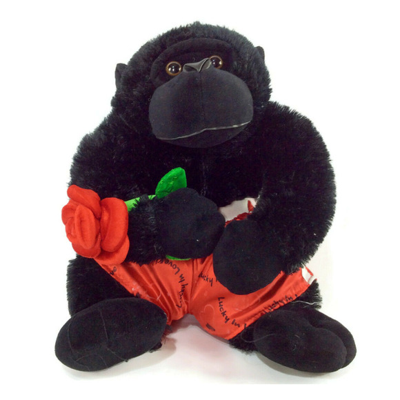 Black Gorilla Medium Red Lucky Shorts and Holding a Rose 14 Inches - Picture 1 of 8